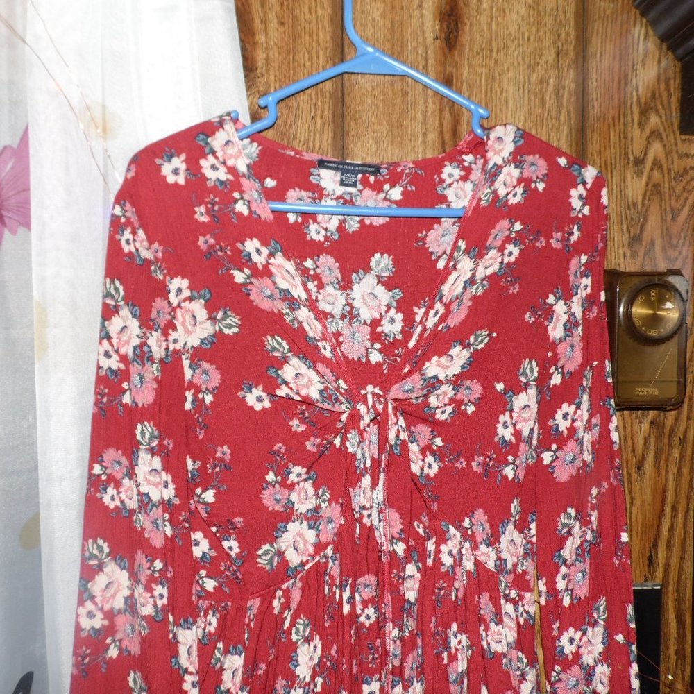 long sleeve blouse red with flowers ties in front